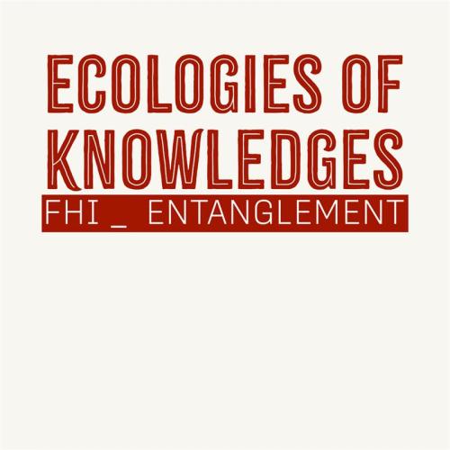 Red and white block font "Ecologies of Knowledges" Entanglement Project logo