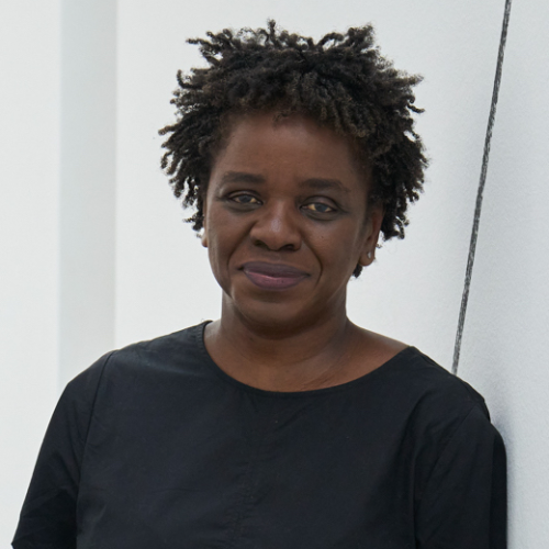 Photo of Prof. Denise Ferreira da Silva, in black dress against white wall