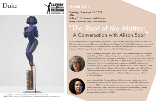 Event poster for The Root of the Matter: A Conversation w Alison Saar